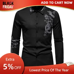 Dragon Embroidered Long Sleeve Shirt Autumn and Winter Single Breasted Slim Fit Button Retro Social Dress Shirt Street Wear