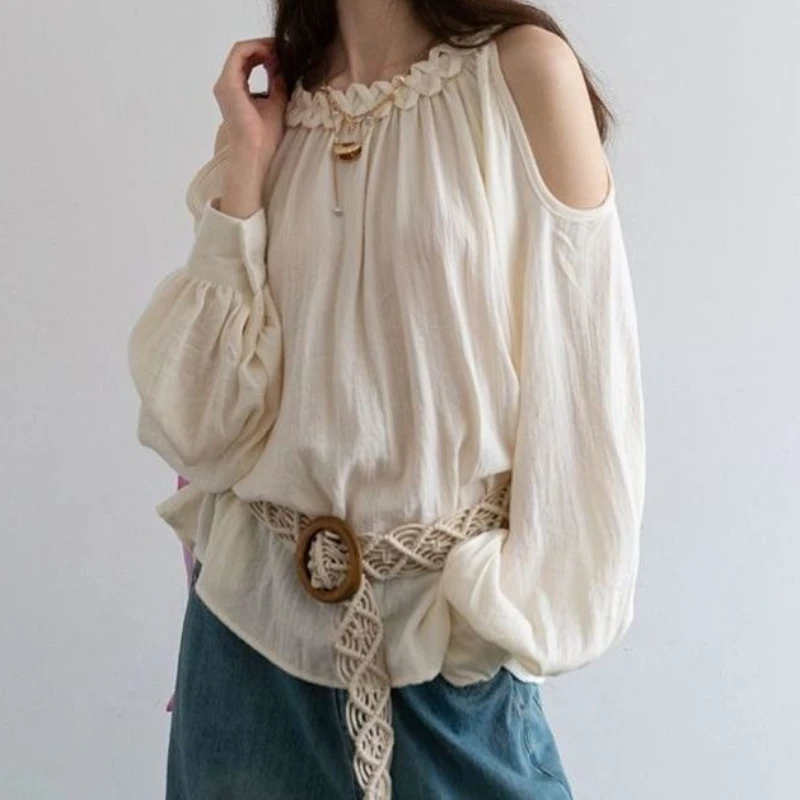 

2025 Summer New Style Off-the-Shoulder Women's Loose-Fitting Casual Long-Sleeved Top