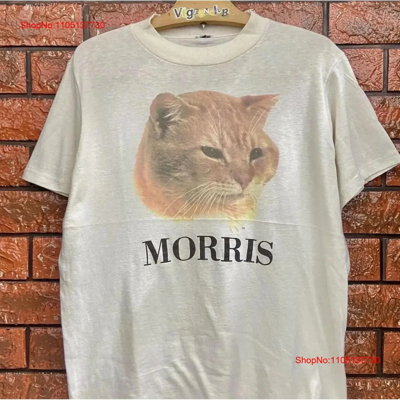 

Vintage 80s Morris The Cat Legendary Advertisement Photo Print T Shirt vintage Washed fashion Stretched streetwear Versatile