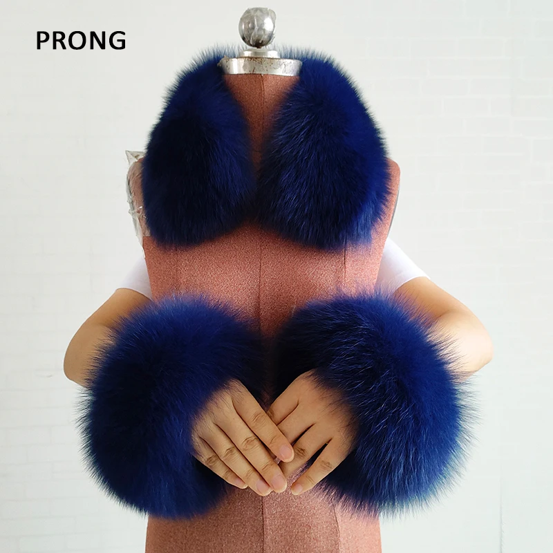 Natural Fox Fur Collar Real Fur Cuffs Set Winter Neck Warmer Fur Scarf Women Square Collar Cuff One Set Collocation Coat