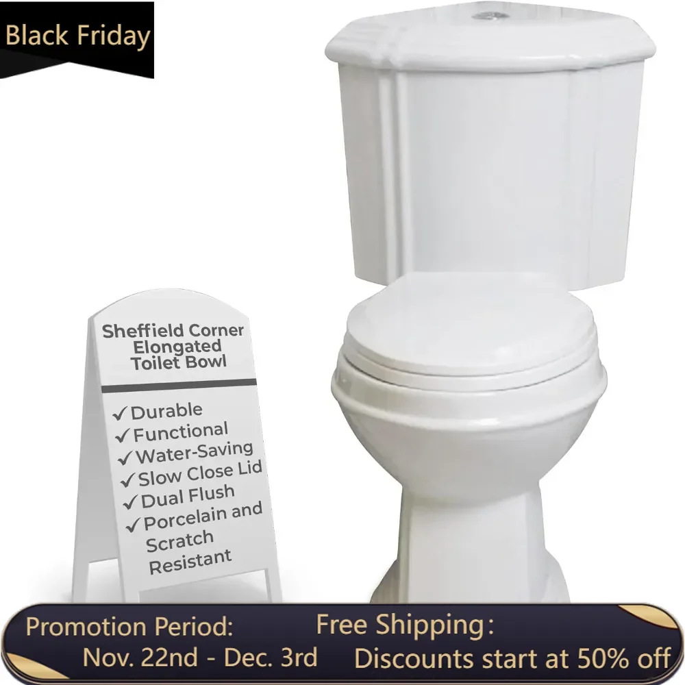 Sheffield Corner Elongated Toilet Bowl - Heavy Duty 2-Piece Oval Toilet in White - Dual Flush with Slow Close