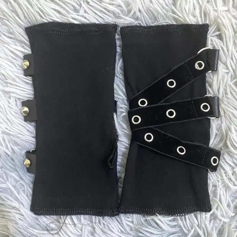 A52E Black Fingerless Gloves Long Arm Sleeve Pair with Strap Detail Cotton for Daily Layering and Stage Looks