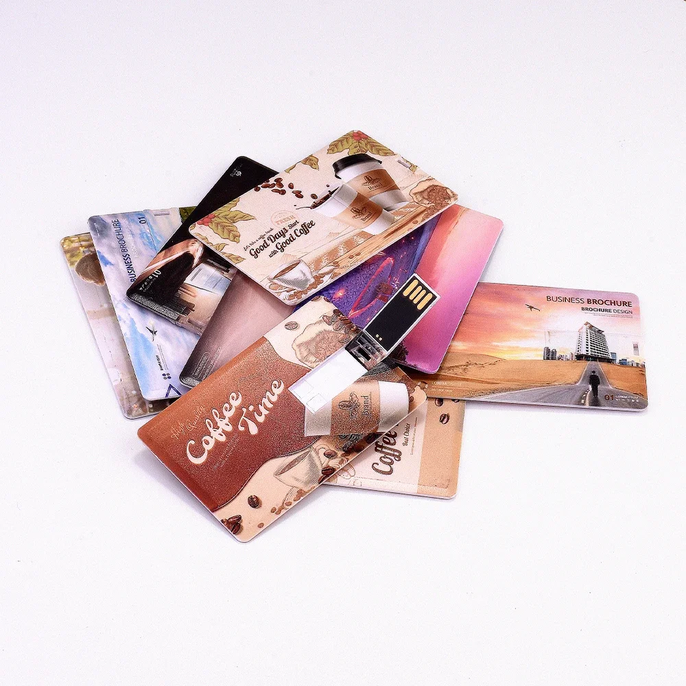 Free Customized Logo Card Pen Drive 128GB Double Sided Color Printing USB Flash Drive White Memory Stick Creative Gift U Disk