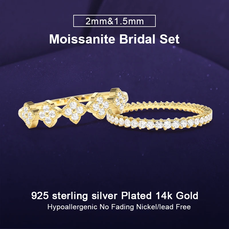 

IOGOU Moissanite Bridal Set 925 Silver Clover Flower Ring Stackable Band Sets for Women Finger Jewelry Lucky Charm Gift 2025 New