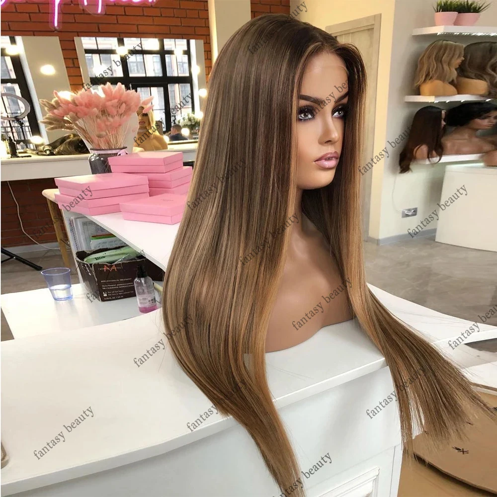 Full Lace Front Perucas de Cabelo Humano, destaque Silky Straight Wig, Light Brown Loiro, HD Lace Frontal Perucas, 13x6, 360