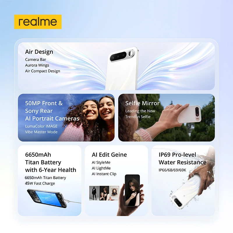 Teléfono inteligente realme 16 5G con carga rápida de 45 W, procesador Dimensity 7300-Max 5G, batería de 6550 mAh con clasificación IP69 y cámara de 200 MP 3