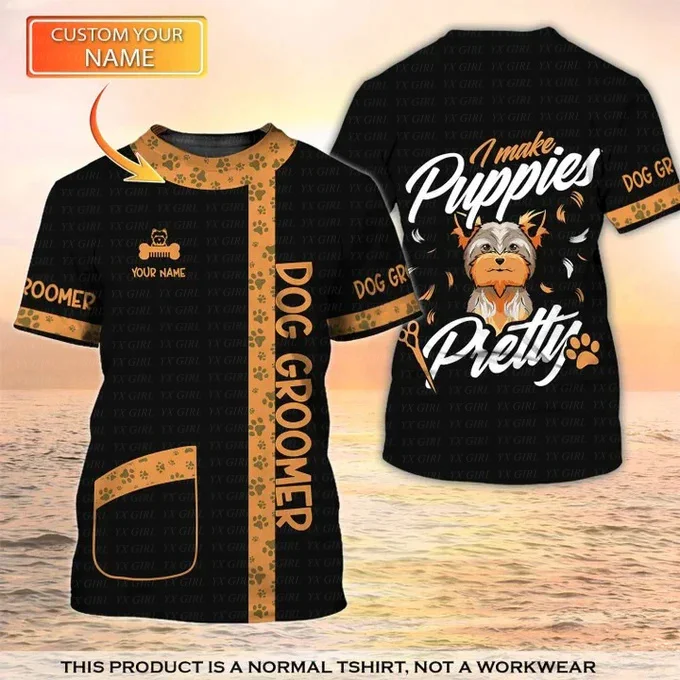 Custom Name Rockin The Dog Groomer Life Pet Cosplay Uniform Personalized Name 3D Harajuku Summer Casual Short Sleeves T-Shirts E