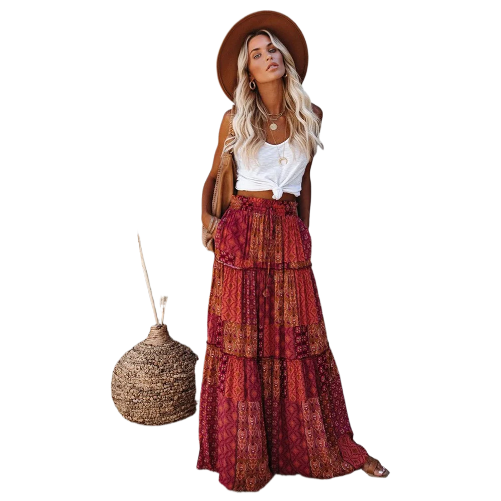 

Womens Loose Long Boho Flowers High Elastic Waist With Pockets And Belt Maxi Skirt Pleated Skirt 2024 Summer Sexy Women Skirts