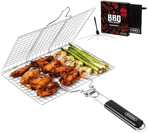 

SHIZZO Stainless Steel Grill Basket Set for BBQ, Camping, Fish, Veggies – Portable Folding Rack Gift for Family & Friends