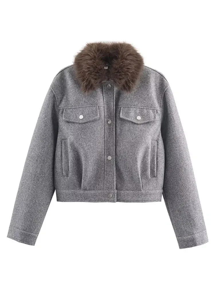 Herfst Nieuwe Vrouwen Faux Fur Revers Jas Casual Solid Lange Mouw Single Breasted Cropped Jassen Vrouwelijke Elegante Mode Uitloper