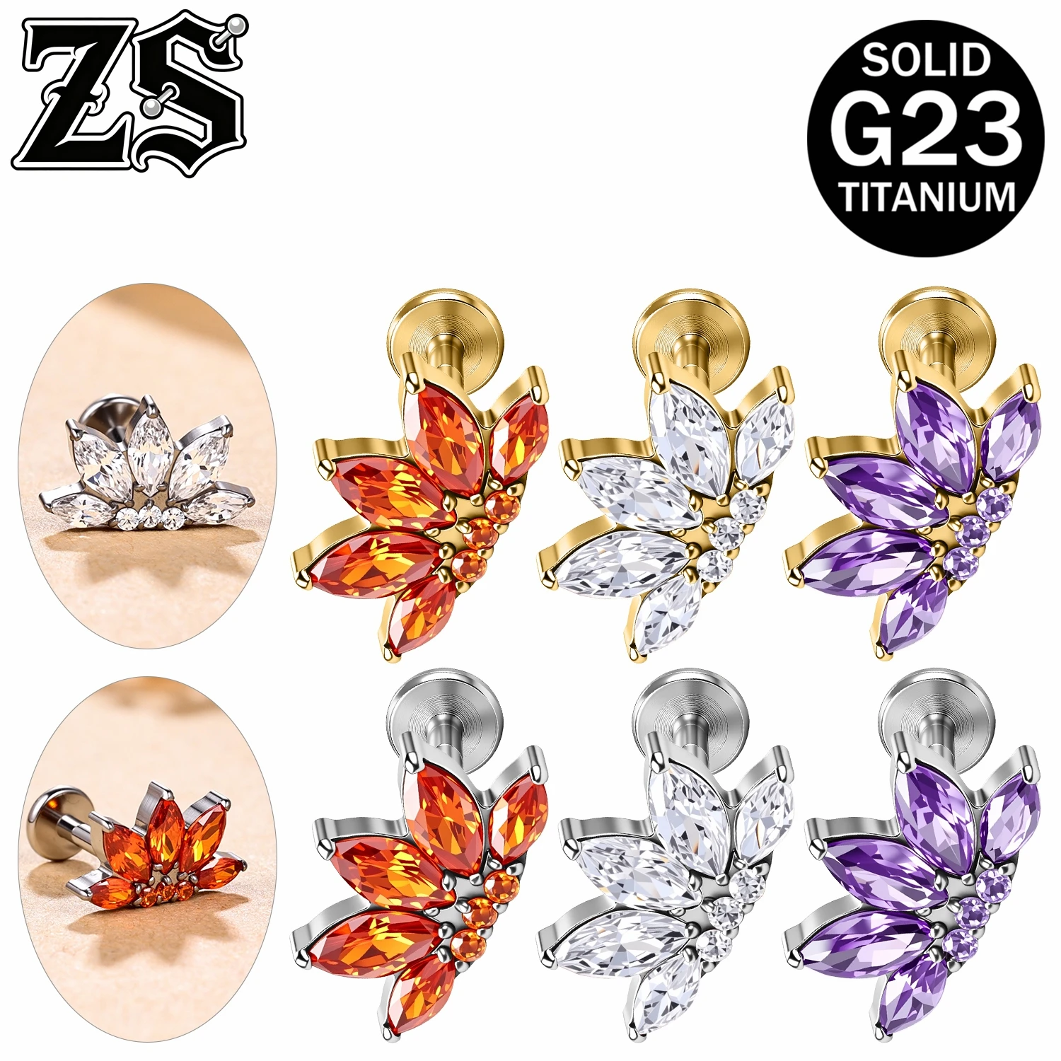 

ZS 16G 1 Piece ASTM F136 Titanium Labret Lip Studs Women CZ Crystal Stud Earrings Internal Thread Ear Cartilage Piercing Jewelry
