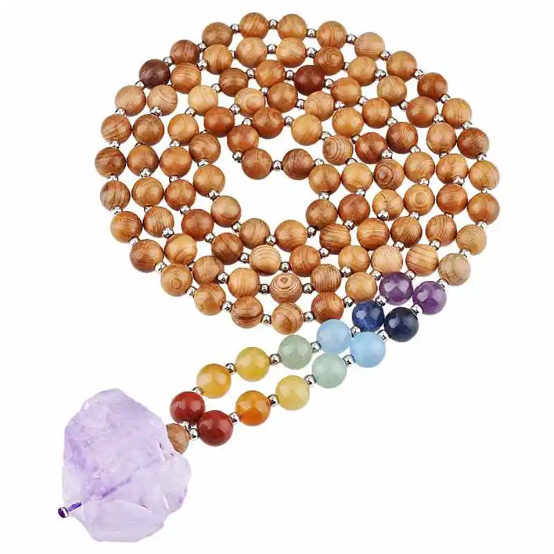 

TUMBEELLUWA Natural Amethyst Irregular Charms Pendant 7 Chakra Stone Beads With Cedarwood Mala Long Necklace For Woman Yoga