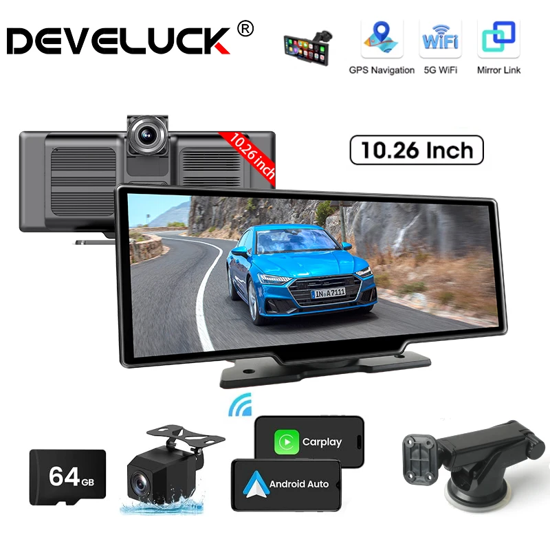 

10.26" Wireless Carplay Screen For Car Portable Car Stereo with 4K Dash Cam 1080P Backup Camera GPS Navigation AirPlay Car DVR