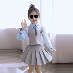 2pcs 2024 new summer spring Collegial children set teenager Girls Clothes bow blouse shirt + JK pleated Skirt 4 8 9 10 12 Year