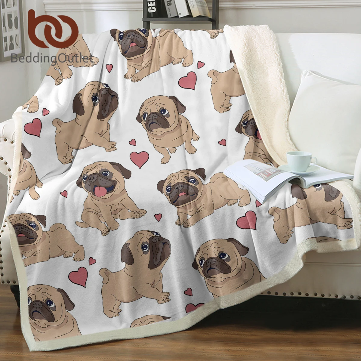 

BeddingOutlet Funny Love Pug Dog Sherpa Fleece Blanket Cute dog with Erect Ears Design Throw Blanket Soft Bed Couch Sofa Decor