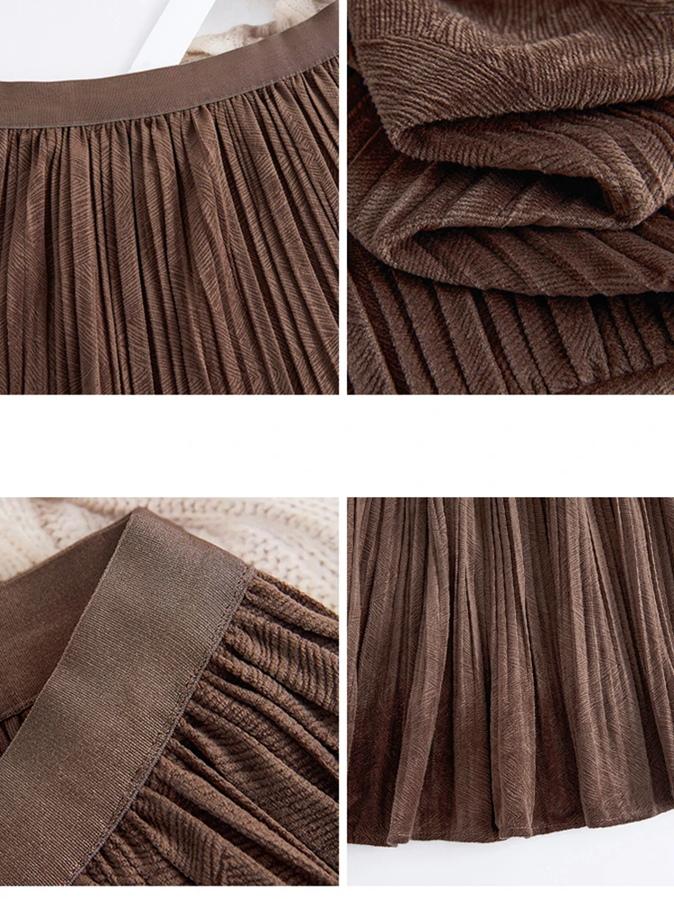 القهوة الخريف الشتاء طيات عادية القطيفة ميدي تنورة للنساء فضفاضة الخصر مكتب OL ألف خط المخملية التنانير الطويلة سيدة