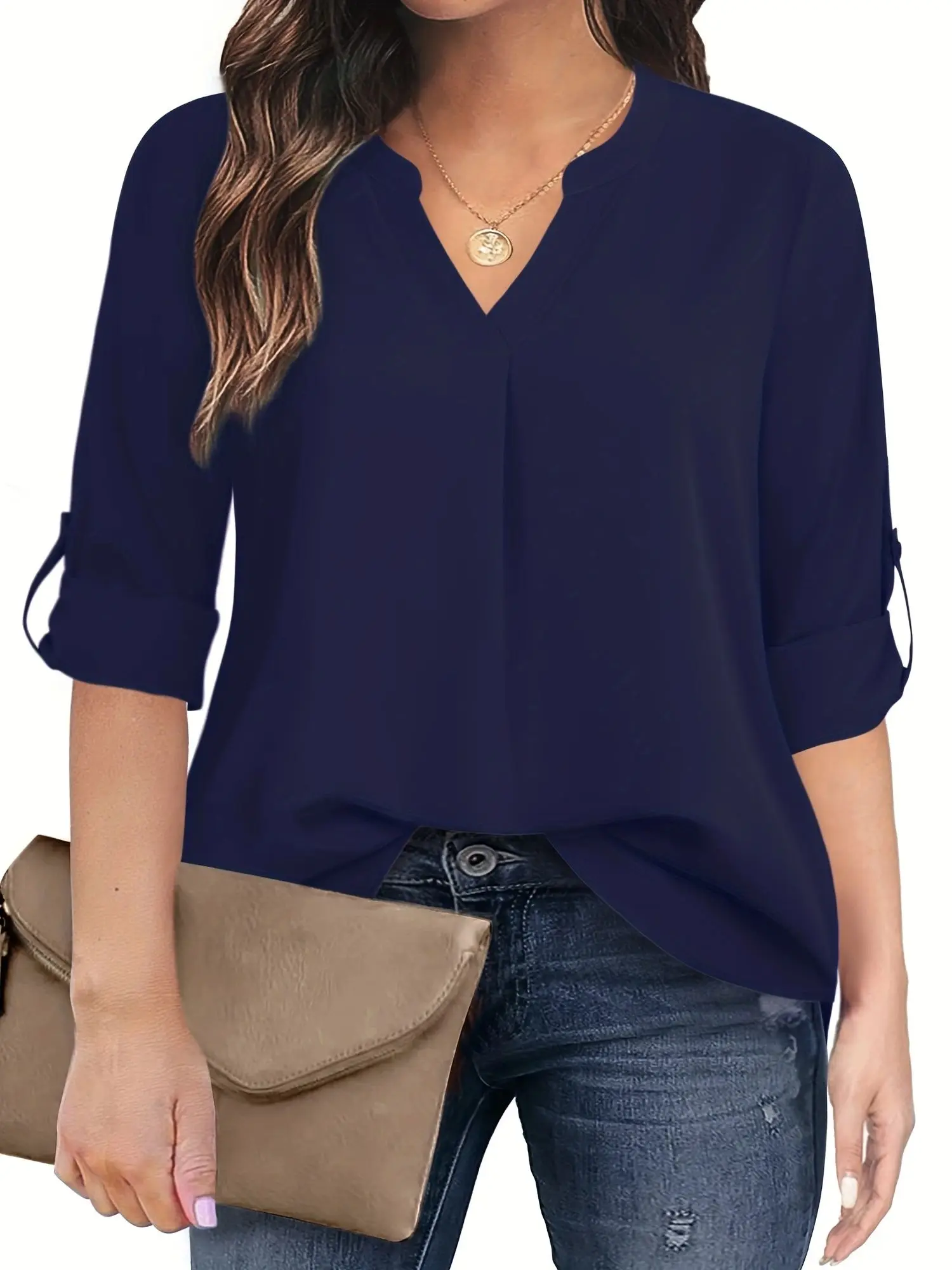 Plus Size 1XL-8XL Casual T-shirt Women\'s Plus Solid Notched Neck Three Quarter Sleeve With Button Decor Slight Stretch Blouse