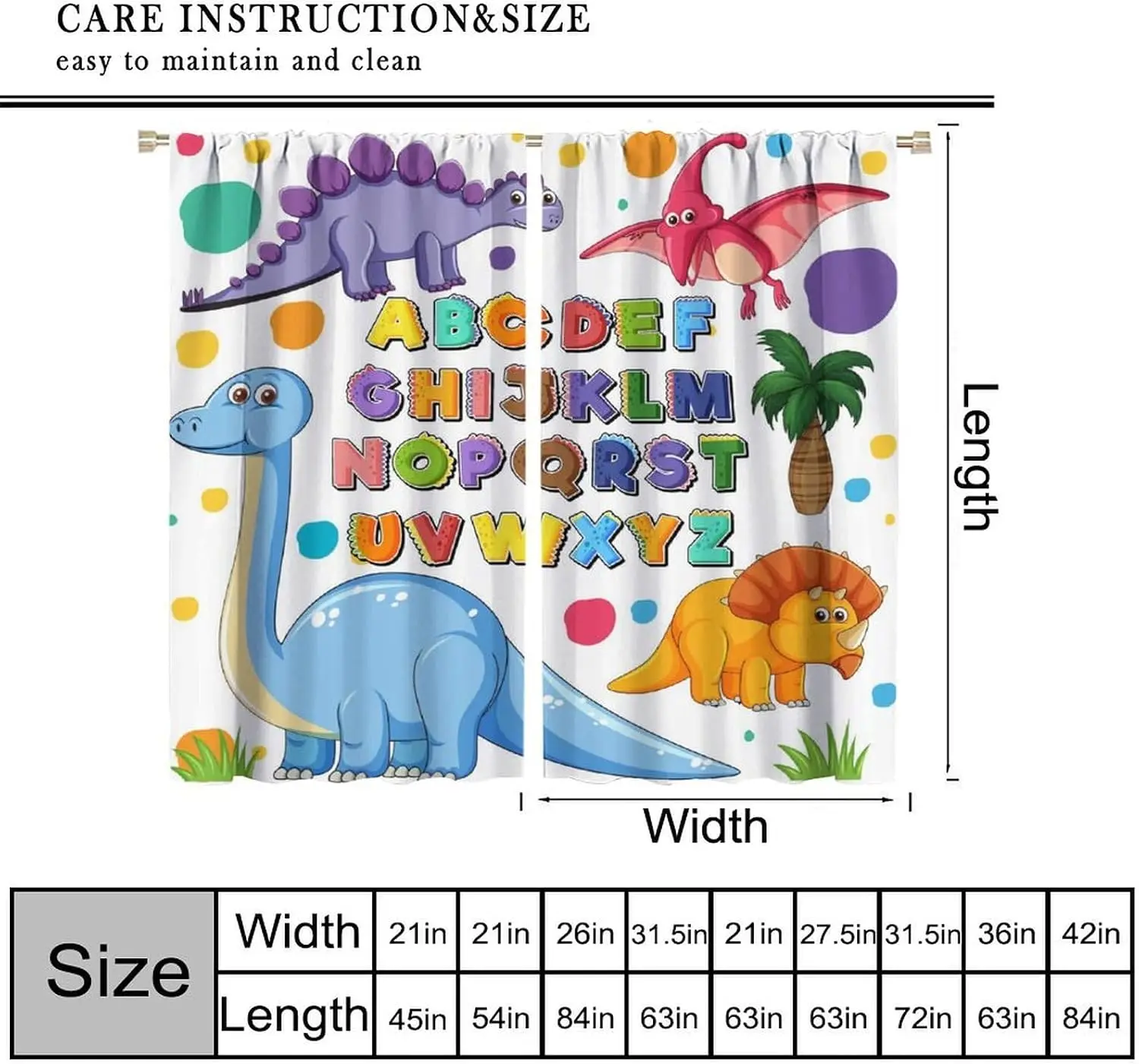 Kids Educational Dinosaur Curtains, Full A-Z Alphabet Cute Dino Palm Cartoon Print for Toddler Learning Nursery Interior Decor