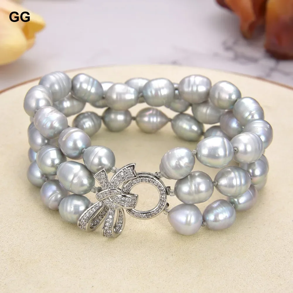 

GG 8'' 3 Rows Natural Gray Rice Pearl Bracelet CZ Paved Flower Clasp Handmade For Women