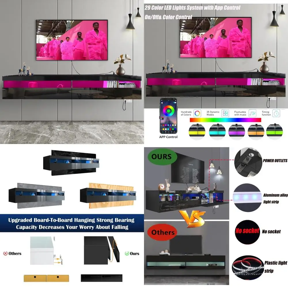 

Wall-Mounted Floating TV Stand with LED Lighting and Integrated Power Outlet, 71-Inch Entertainment Center