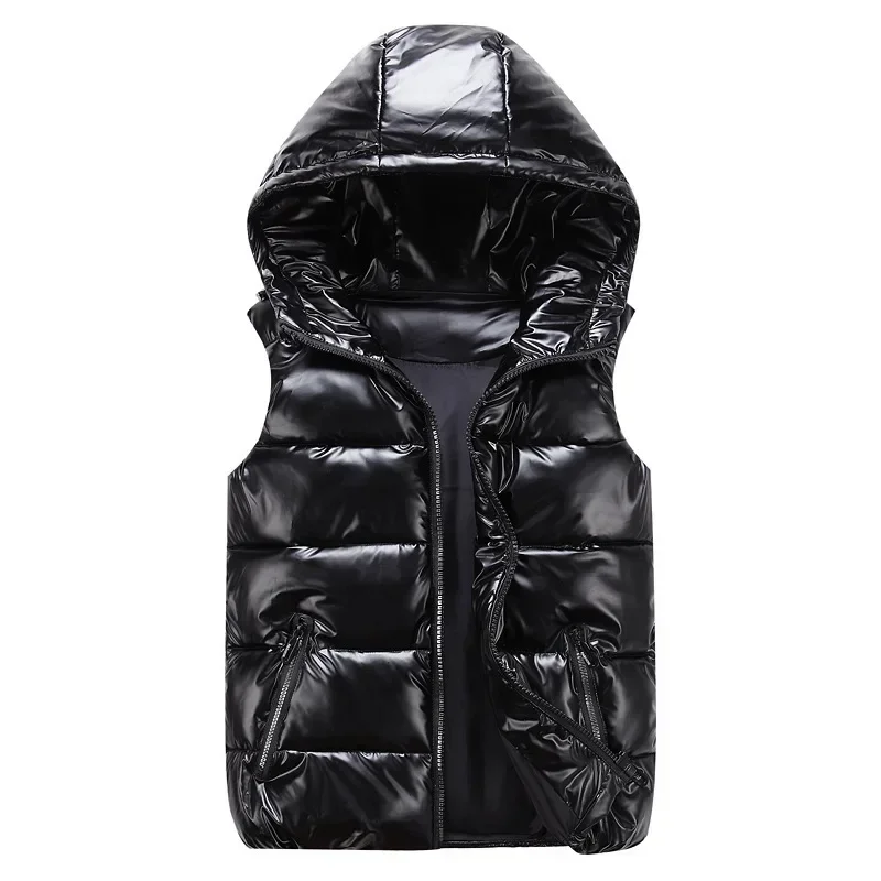 Fashion Couple Shiny Cotton Padded Jacket Waistcoat Men\'s Warm Hooded Vest Autumn Parent-child Wear Sleeveless Cotton Tops Parka