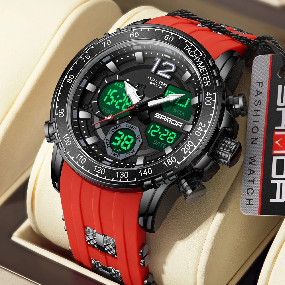 SANDA Men's Quartz Electronic Watch Fashion Sports Waterproof Luminous Chronograph Pointer Digital Dual Display Wristwatches