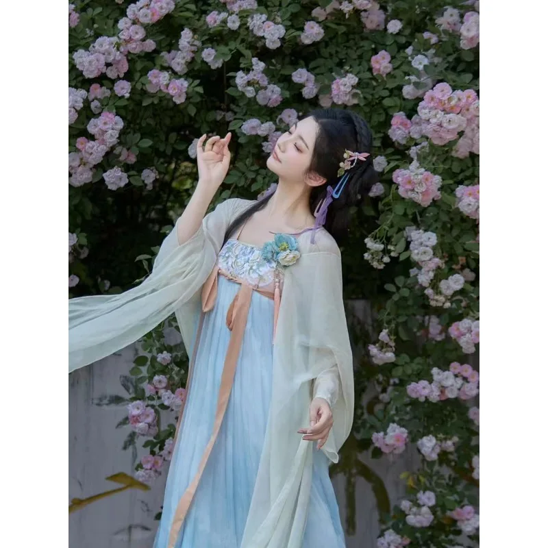 Tang-style Hanfu women's chest-length elastic dress, Han elements, daily two-tone spring and summer