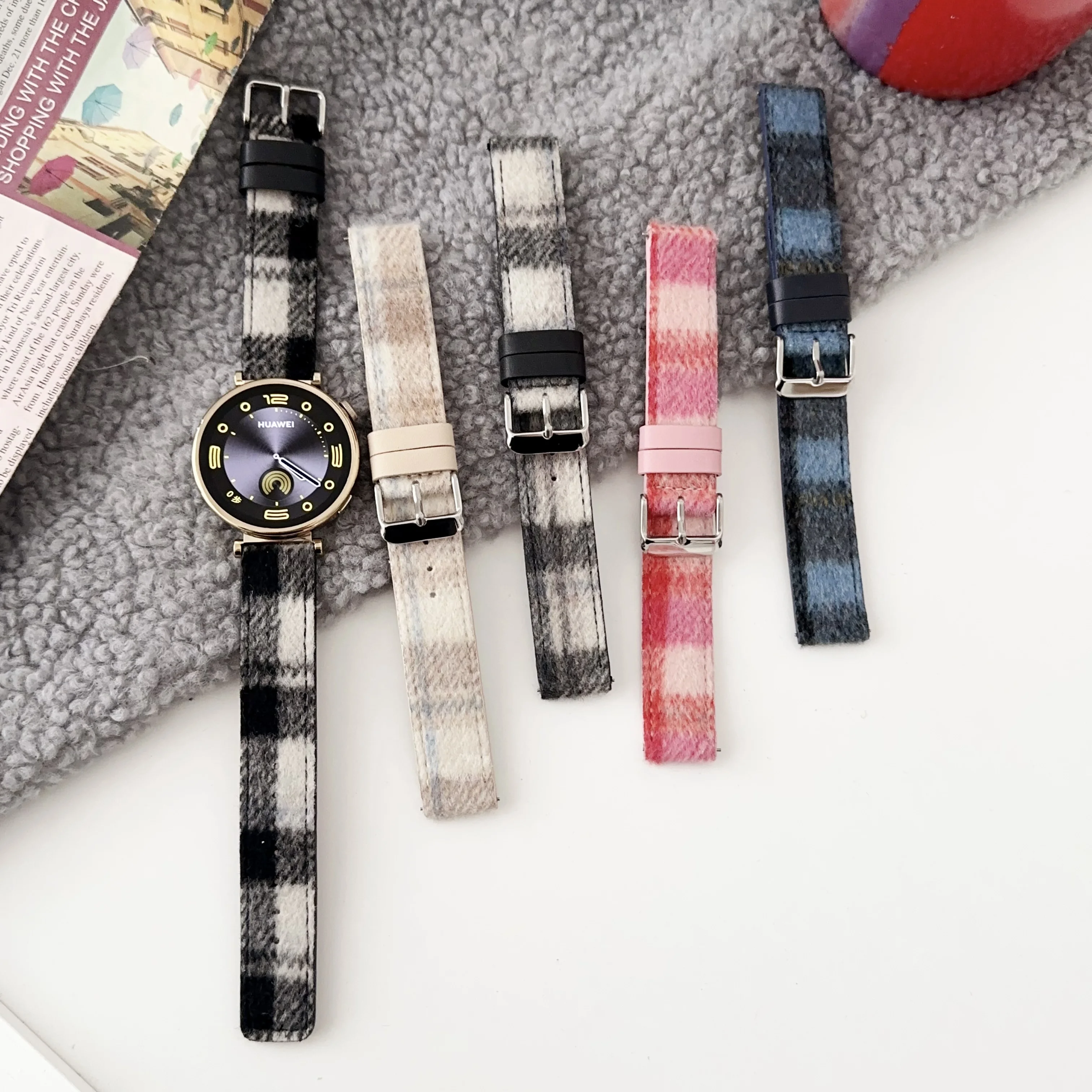 18mm Leather check wool strap watchband For Huawei Watch GT4 5 41mm Smartwatch strap for women girl lady