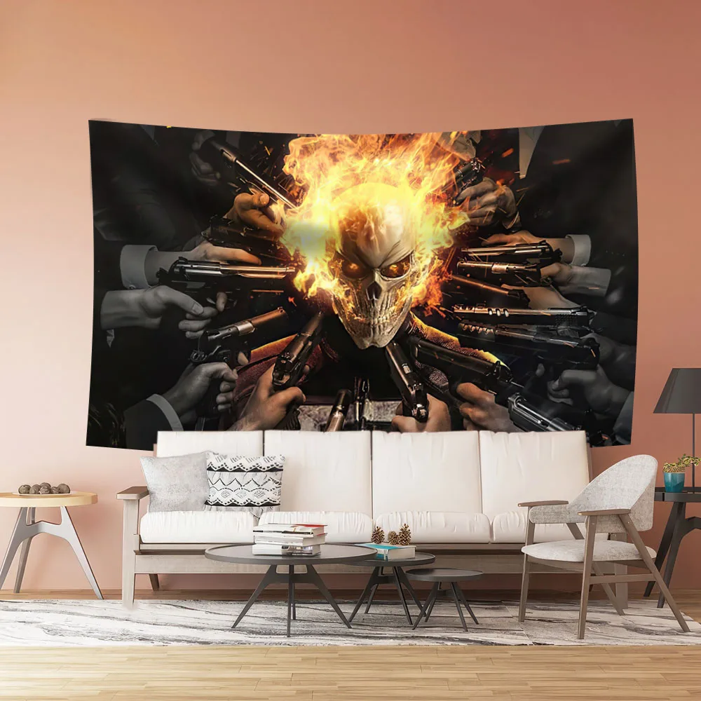 Skeleton Knight Fire Full Body With  Moto Background Decoration Wall Tapestry Polyester Material Home Bedroom