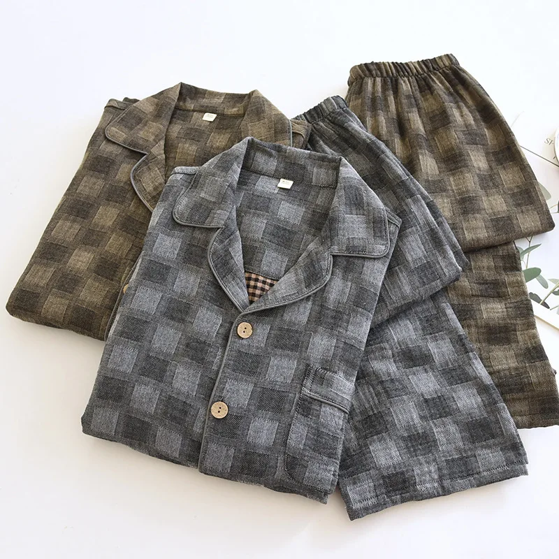 2026 Spring and Autumn New Men's Pajama Set 100% Cotton Long Sleeve Long Pants Large Grid Loose Home Clothes Two Piece Set