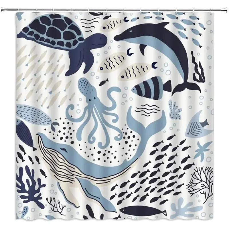 Cartoon Sea Animal Shower Curtain Set Kids Abstract Funny Ocean Whale Turtle Dolphin Octopus Fish Fabric Bathroom Curtains Hooks