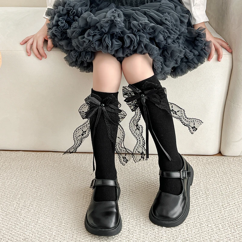 Girls Lolita Black White Color Mid Calf Socks Long Streamer Ribbon Double Lace Bow Ornament Elastic Skin-Friendly Daily Hosiery