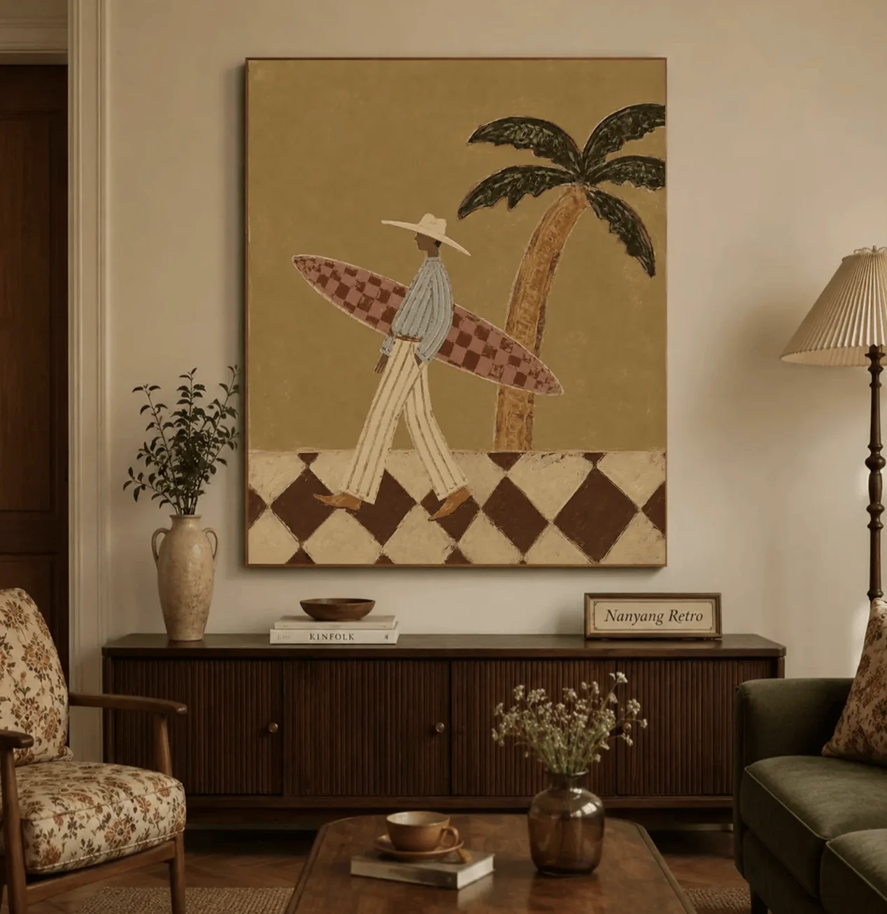 Vintage neutrale Surfer-Palmen-Wandkunst-Leinwanddrucke, Bohemian-Strandposter für Schlafzimmer, Wohnzimmer, Küsteneingangsbereich – Detail 3