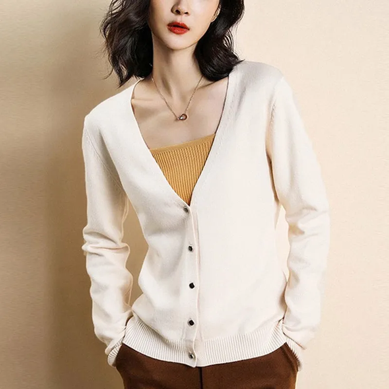 Women Button Solid Color Knit Cotton Short Cardigan Long Sleeve Casual Warm Loose Sweater