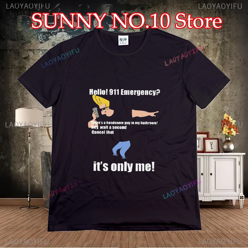 Johnny Bravo humorous anime Hello 911 emergency T-shirt pattern men's retro summer Harajuku T-Shirts