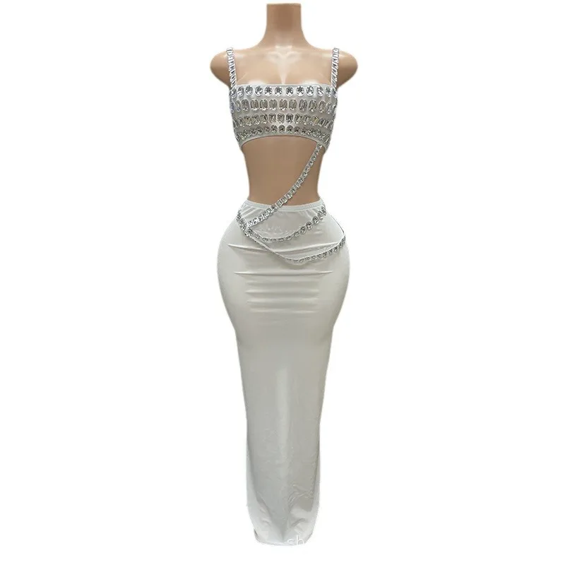

Luxury Bright Diamond Sexy Low Chest Fashion Two-piece Cocktail Party Dress Female Troupe Song Uniform Vestidos Graduación Mujer