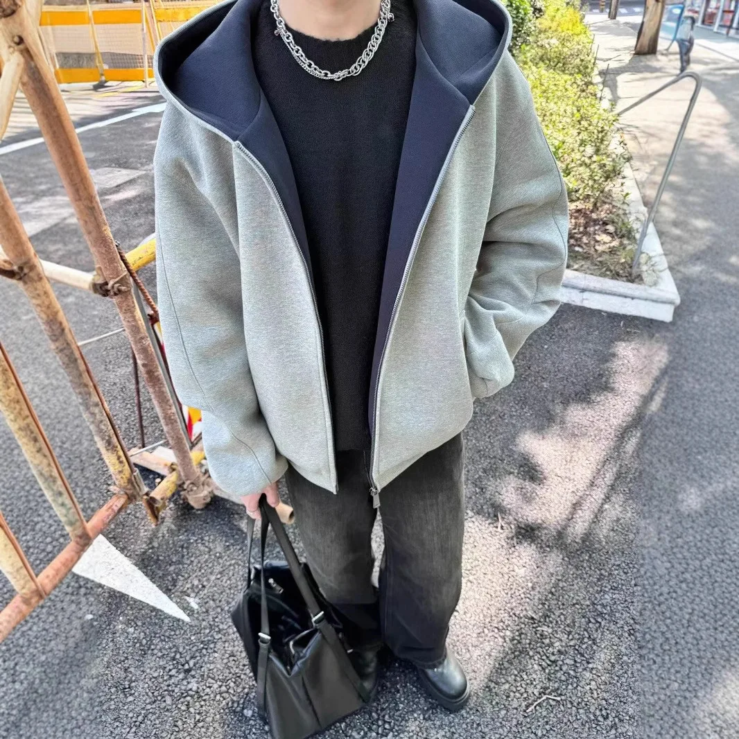

Men's Hoodies Autumn Winter Double Zip Cardigan Hoodie Heavyweight Stiff High Street Outerwear Women Sweatshirt