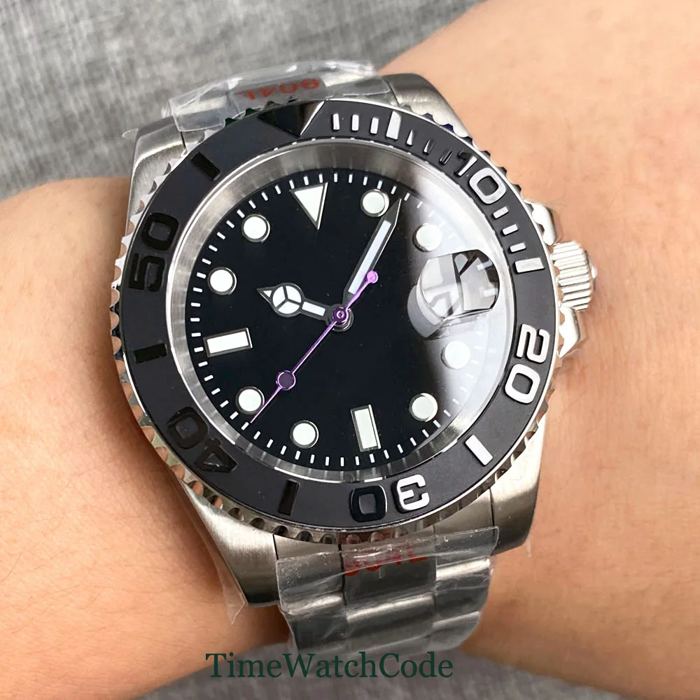 Tandorio Automatic Watch for Men NH35A Movement Diving 20BAR Waterproof Purple Seconds Sapphire Crystal Bracelet 40mm reloj