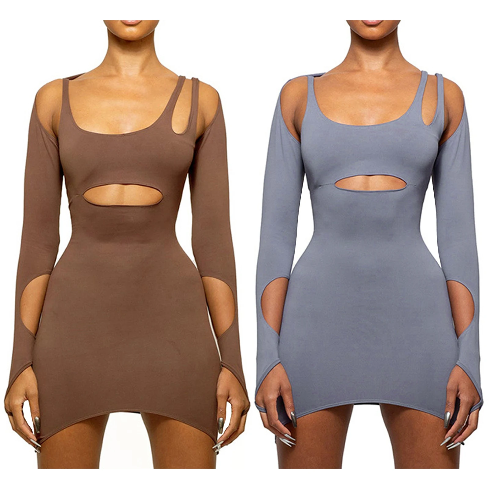 

Women Summer Short Cocktail Dress Solid Color Long Sleeve Backless Ripped Party Mini Dress