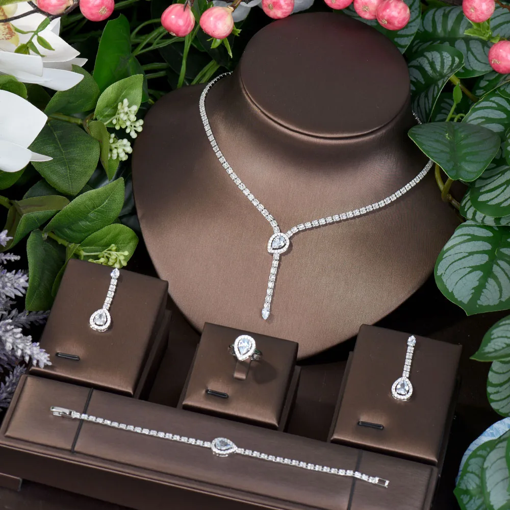 

HIBRIDE Water Drop Long Tassel Women Necklace And Earring Sets Cubic Zirconia 4PCS Jewelry Sets For Bridal Wedding N-600