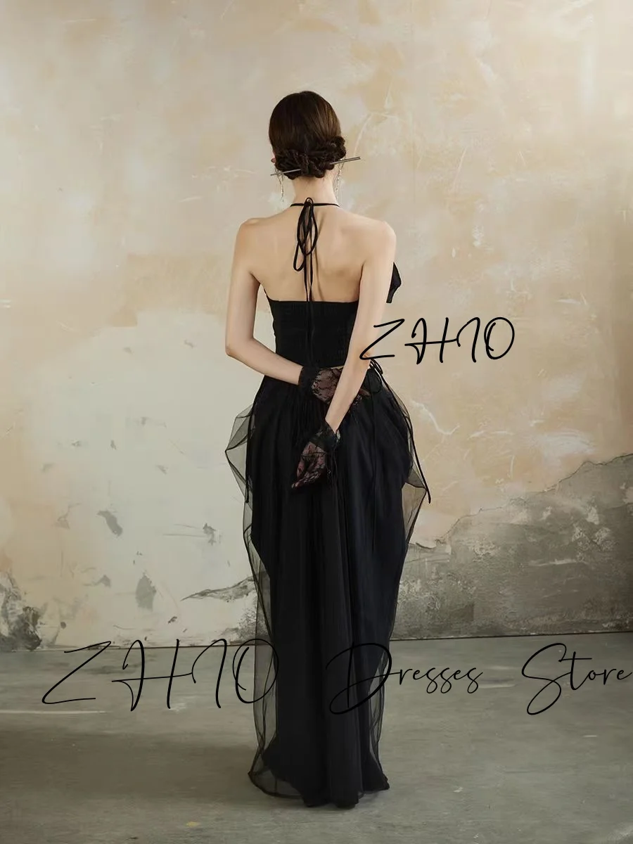 ZHIO moderno negro 2 uds vestido de fiesta de boda Halter plisado hasta el suelo sesión de fotos de Corea vestido de noche de recepción nupcial personalizado