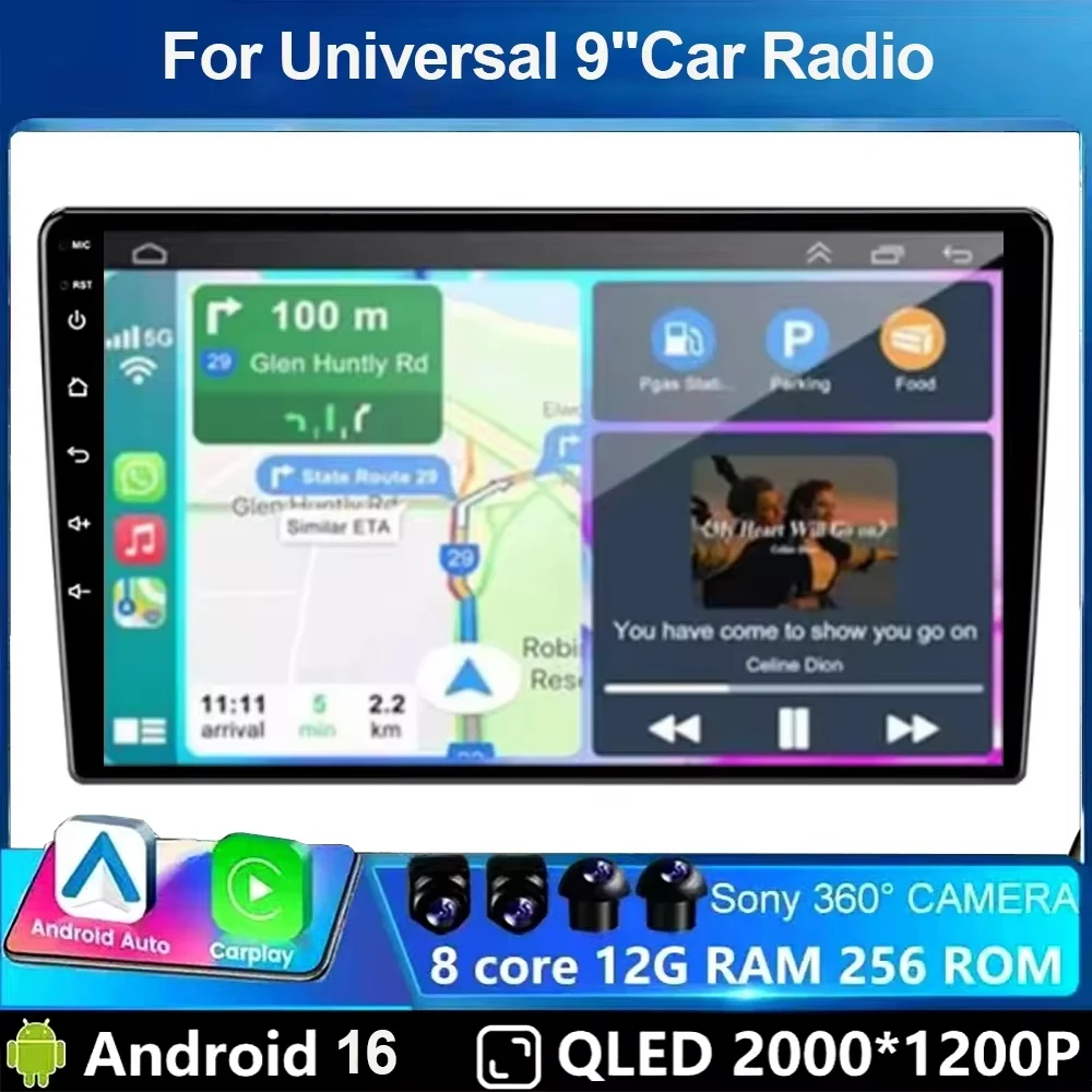 Автомагнитола Android 16, 32 ГБ/64 ГБ, 2 DIN, 9 дюймов, универсальная, с Wi-Fi и GPS, мультимедийный проигрыватель для Hyundai, Nissan, Toyota, Kia.