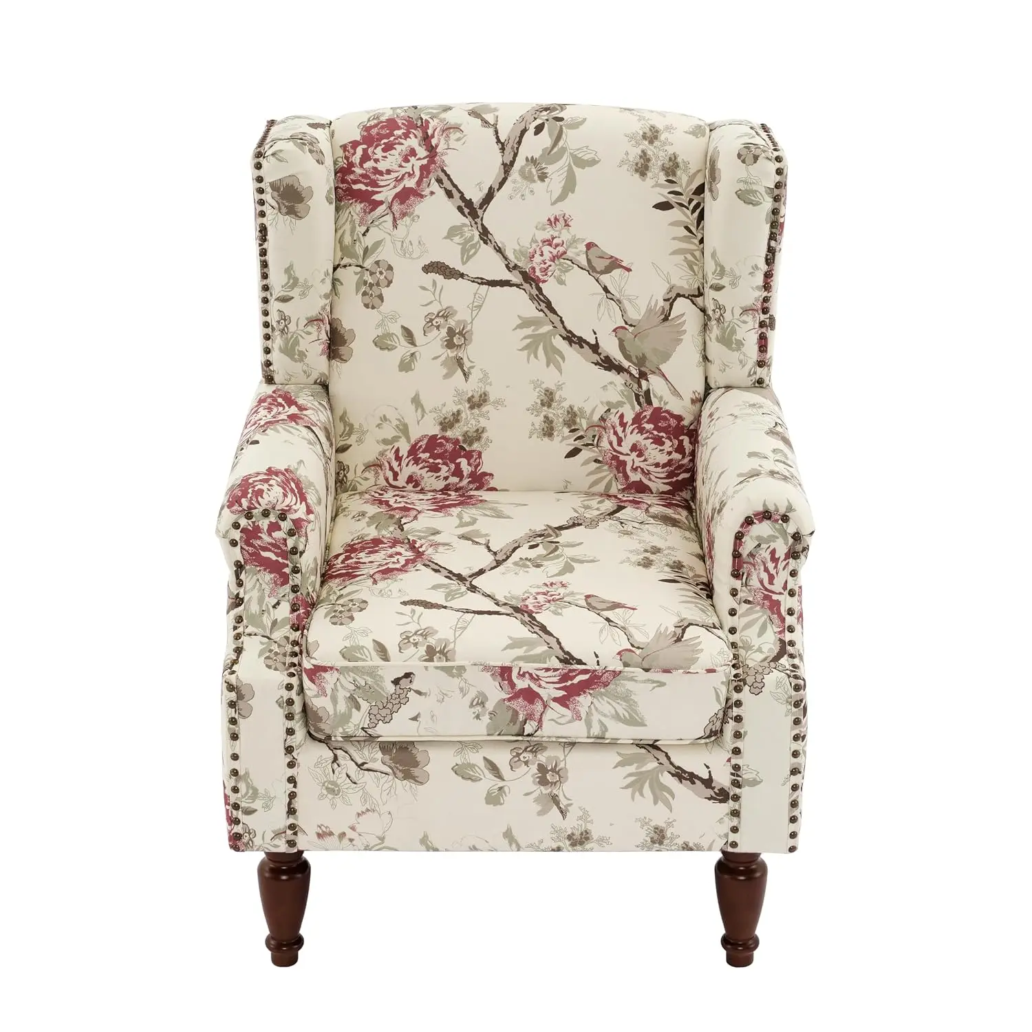 High Back Floral Wingback Armchair Nailhead Trim Solid Wood Legs Fabric Living Room Bedroom Reading Chair, Customized