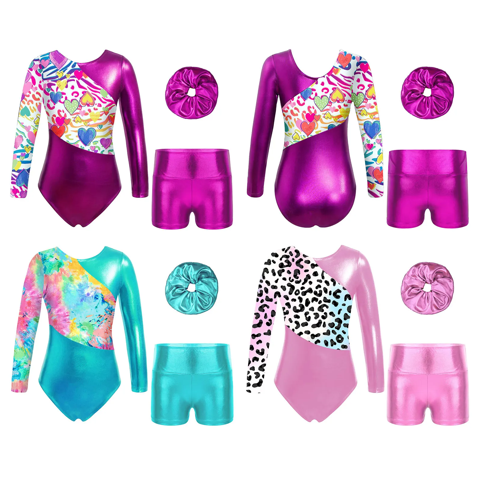 Kids Girls Rhythmic Gymnastics Jumpsuit Long Sleeve Printed Ballet Leotard Metallic Shorts Performance Outfit Skating Leotard