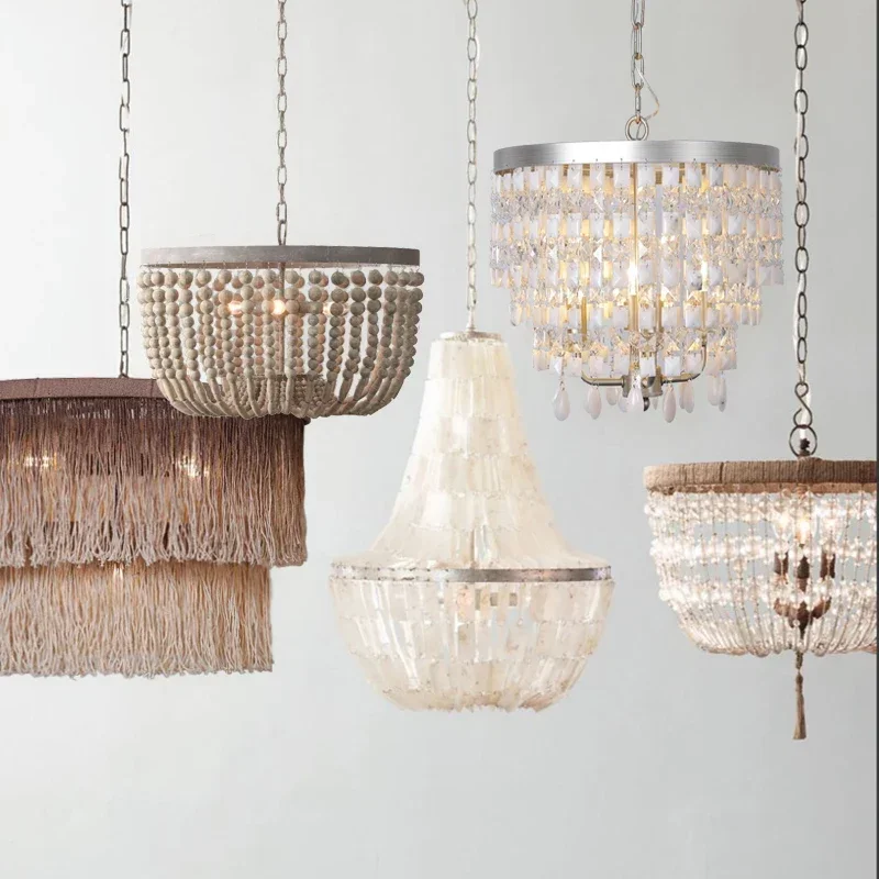 

American style retro entry hallway bedroom staircase creative marble hemp rope crystal shell bedside small Chandelier