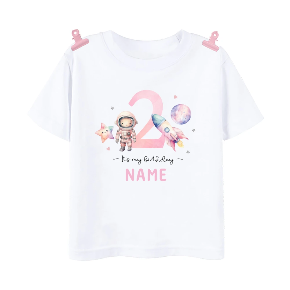 Personalized Astronaut Birthday T-Shirt Girls 1-9 Years Birthday Tee Shirt Custom Name Kids Shirts Girl Space Party Outfit Tops