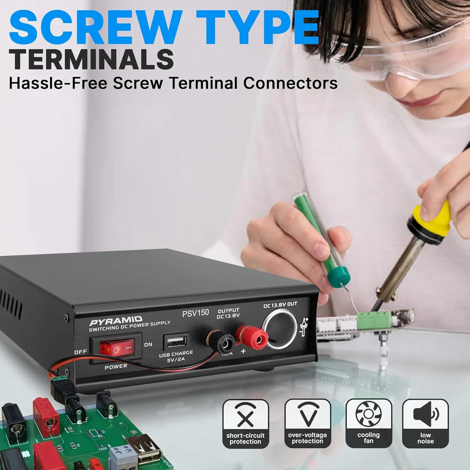 مصدر طاقة عالمي 12 أمبير - محول تيار مستمر متغير مع USB ولاعة سجائر، تيار متردد 115/230 فولت، طرف لولبي، مروحة تبريد -