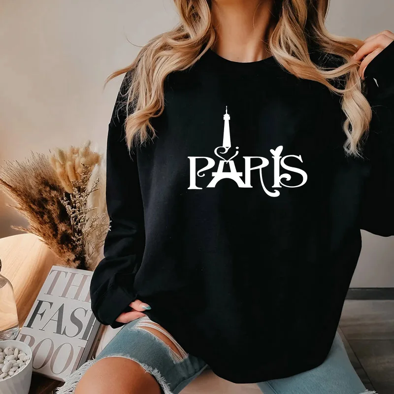 Women Paris Letters Print Pullover Hoodies Fleece Warm Casual Round Neck Sweatshirt Female Designer Loose Hoody Lady Clothing