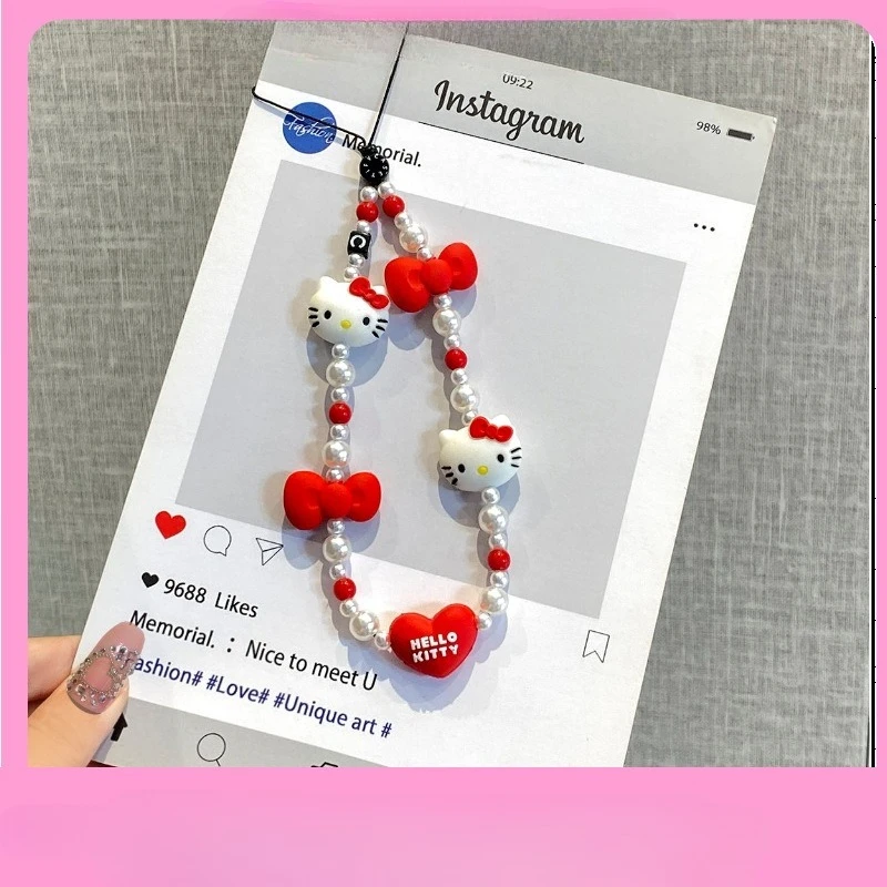

Beaded Cat Pink Sanrio Hand-Painted Cute Mobile Chain Anti-Loss Camera Cord Phone Chain Pendant Decoration