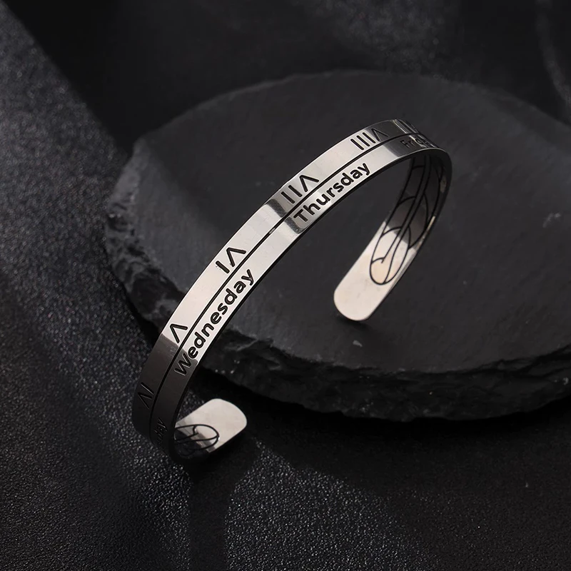 

Waterproof Stainless Steel Roman Numeral Week Time Cuff Bracelet Vintage Feather Bangle For Women Men